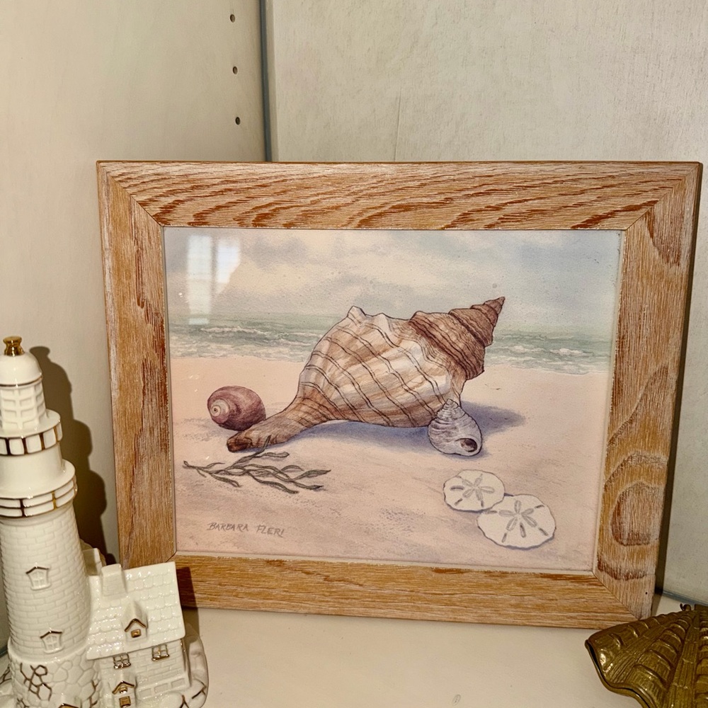 Vintage Coastal Shell Framed Art Signed Barbara Fleri | Nautical Beach Decor